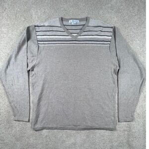 Geoffrey Beene Mens V-Neck Sweater Taupe Brown Striped Chest 100% Cotton Large